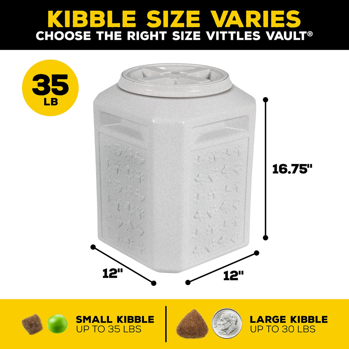 The Vittles Vault Pawprint Outback Food Storage Container by Vittles Vault is a white, BPA-free plastic container featuring embossed designs and an airtight seal. It measures 16.75 tall, 12 wide/deep, and holds 35 lbs of small kibble or 30 lbs of large kibble with a yellow guide background.