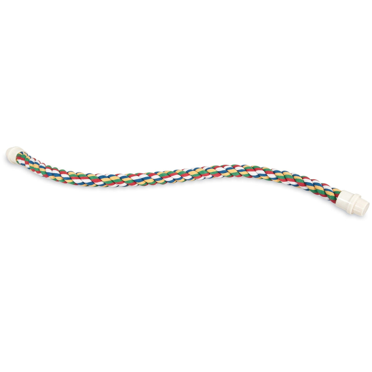 The JW Pet Comfy Bird Perch by JW Pet is a flexible, multicolored rope perch with white connectors—ideal as a bird perch and perfect for pet bird accessories. Displayed on a white background.