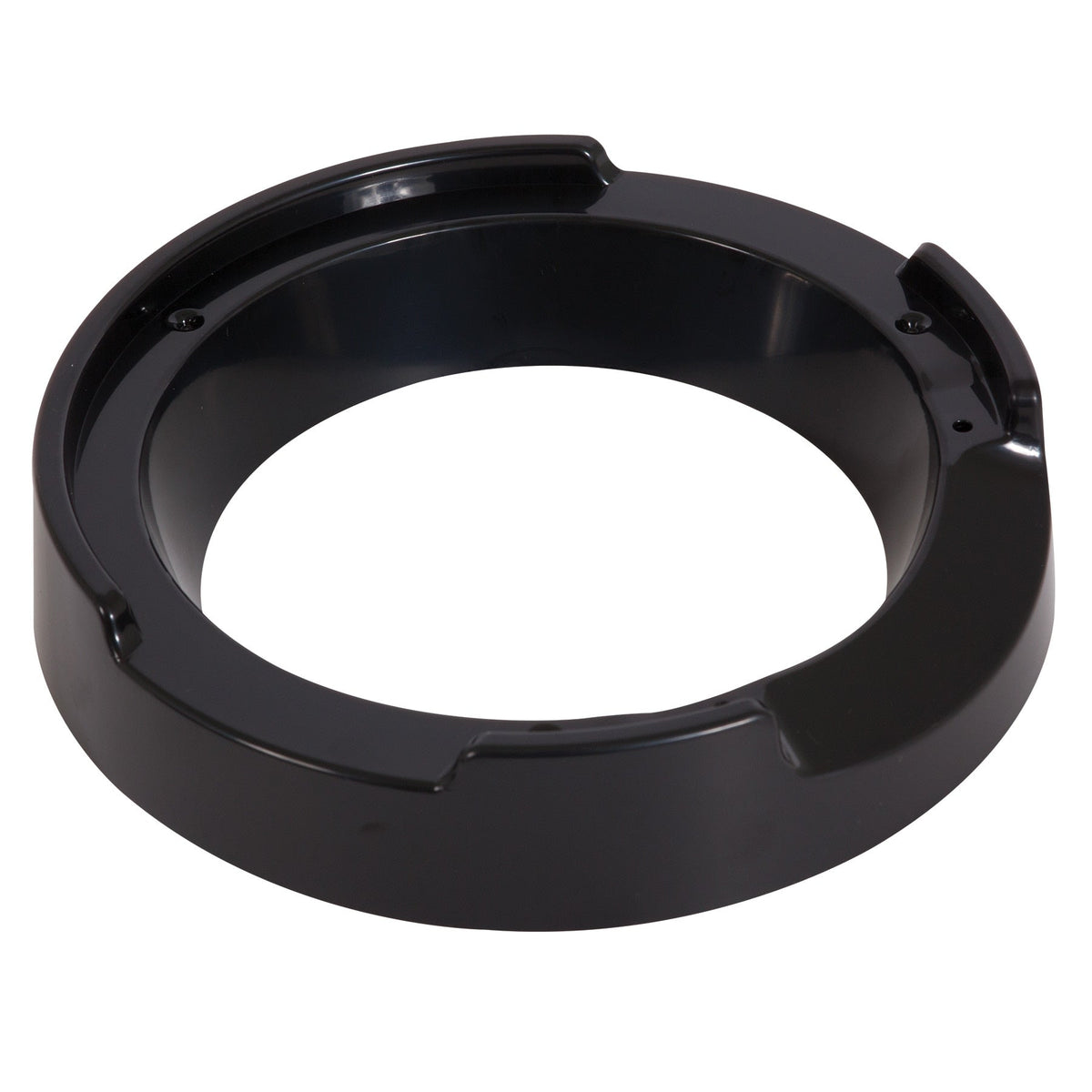 A round, black plastic ashtray with three grooves for holding cigarettes and a smooth, shiny surface reflects light elegantly; it is similar in sleekness to an Aspen Pet LeBistro Automatic Feeder Replacement Food Ring Riser.