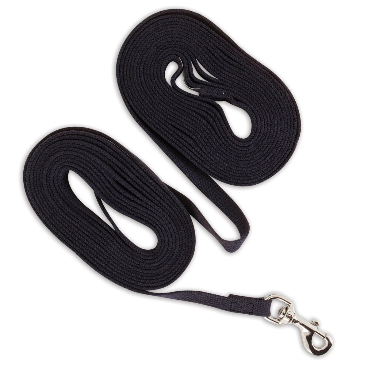The Aspen Pet Cotton Training Dog Lead, a black coiled leash with a metal clasp, is neatly arranged on a white background. Recommended by trainers, this durable leash from Aspen Pet is perfect for effective pet training.