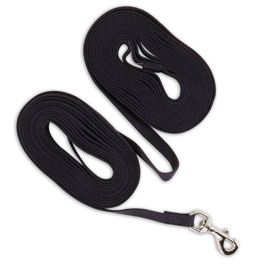 The Aspen Pet Cotton Training Dog Lead, a black coiled leash with a metal clasp, is neatly arranged on a white background. Recommended by trainers, this durable leash from Aspen Pet is perfect for effective pet training.