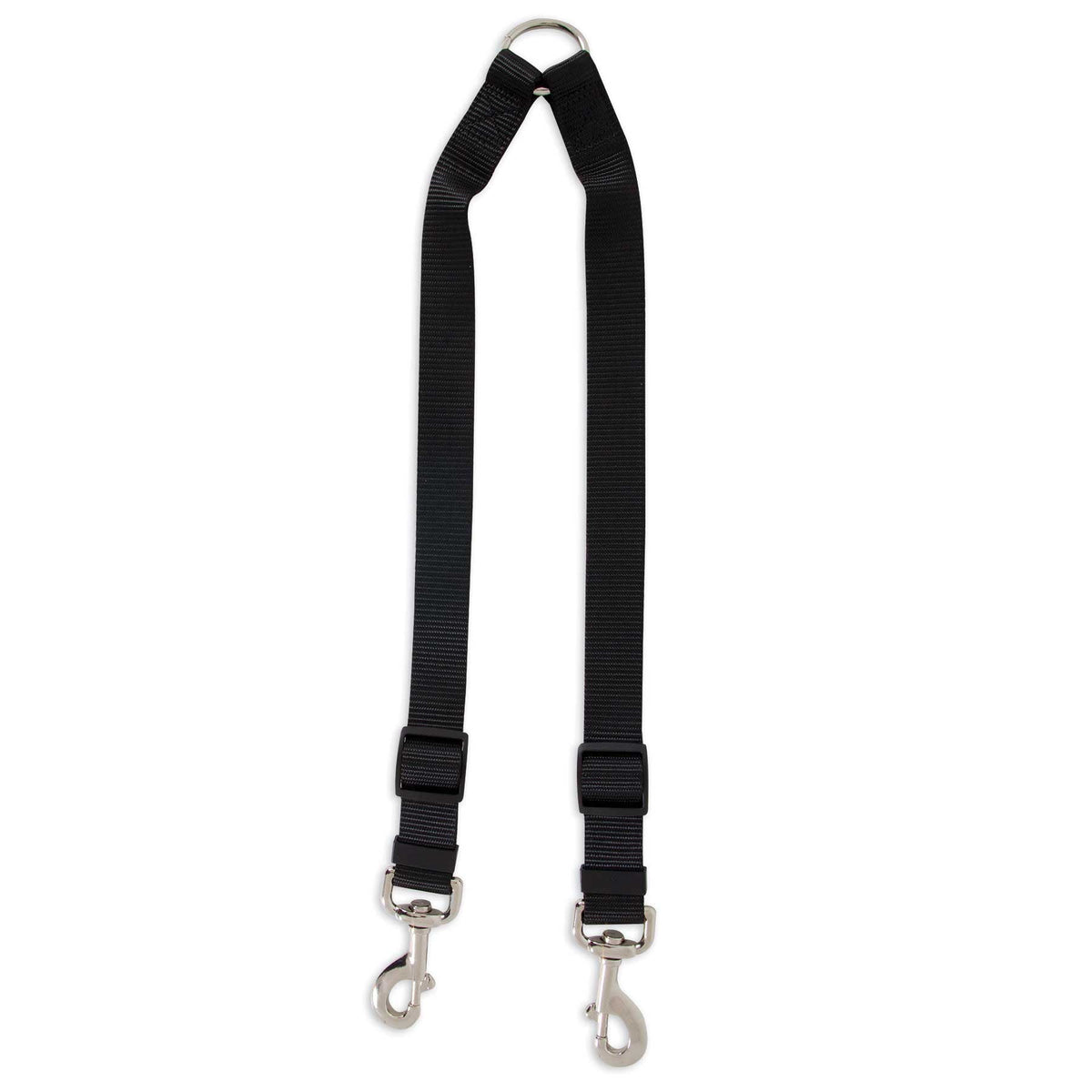 The Aspen Pets Petmate Take Two Nylon Coupler Dog Leash is a black nylon leash with two metal swivel clips and a sturdy center ring, ideal for easily walking two dogs at once.