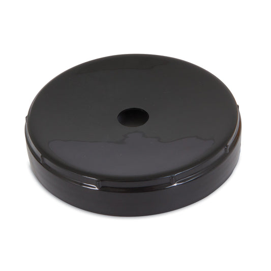 A black plastic replacement cap for the large Aspen Pet LeBistro gravity waterer is pictured with a small central hole, shown against a white background.