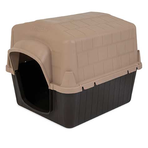 The Aspen Pet Petbarn 3 Dog House by Aspen Pet features a tan and brown design with a shingled roof and large entrance. Its raised floor adds comfort, and durable plastic construction provides ample space, making it perfect for outdoor use.