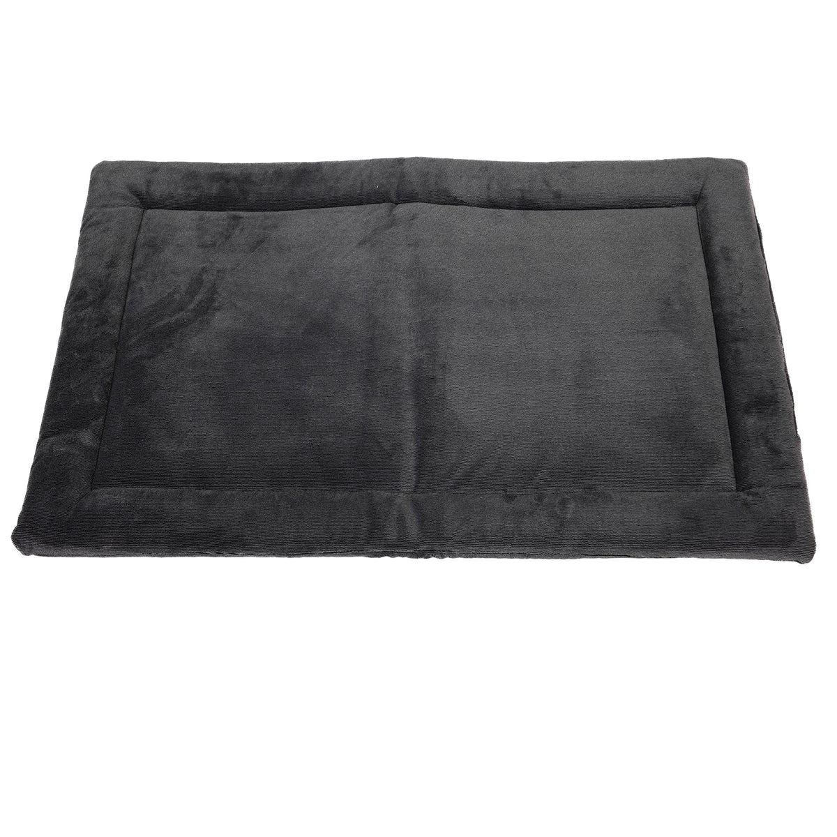 The Petmate Kennel Mat by Petmate is a rectangular, dark grey pet bed with a soft velvety texture and non-skid bottom, featuring a raised border and plush flat center like a mattress, ensuring it offers comfort for small to medium-sized pets while staying in place.
