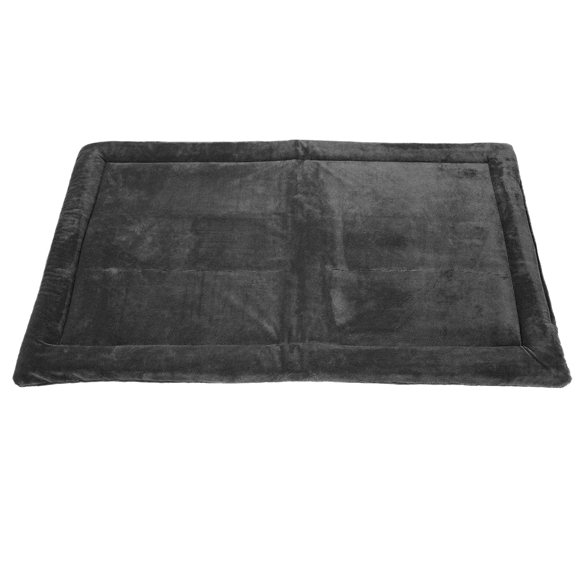 The Petmate Kennel Mat by Petmate is a plush, rectangular dark gray pet bed with a soft cushioned surface, non-skid bottom, and slightly raised edges, perfect for medium-sized pets to rest comfortably.