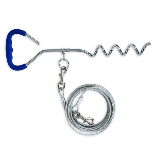 The Aspen Pet Easyturn Stake W/ Tie-Out by Aspen Pet is a metal spiral stake with a blue handle, featuring a long coiled cable and clasp. Its 360-degree swivel ring keeps pet leashes secure and untangled, providing freedom while anchoring them safely.