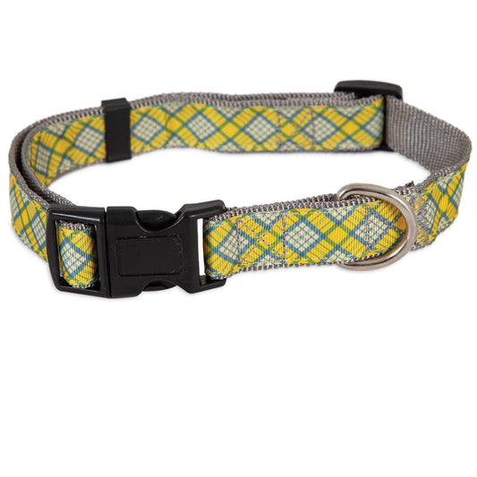 The Aspen Pet Yellow Plaid Small Dog Collar by Aspen Pet has a vibrant yellow and green plaid design, a sleek black buckle, adjustable strap, and sturdy metal ring for attaching a leash.