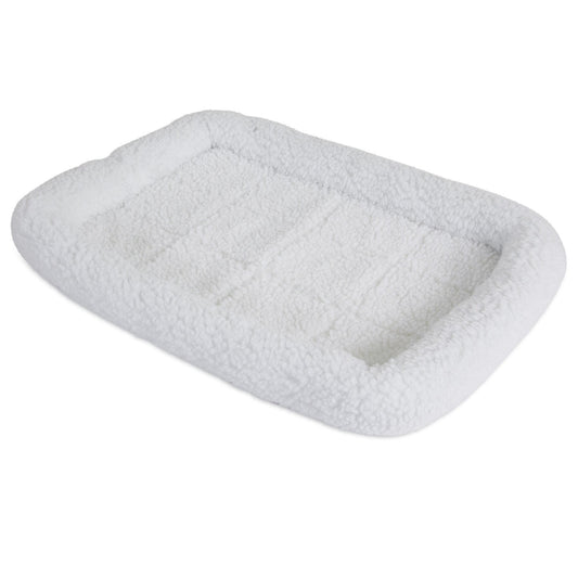 The SnooZZy Faux Sheepskin Bolster Kennel Mat by Snoozzy is a rectangular, fluffy white pet bed with raised edges and a soft surface, ideal for crate training. This cozy haven resembles sheepskin and is machine washable for easy maintenance.