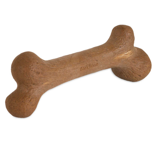 Introducing the BarkBone Natural Instincts Peanut Butter Infused Wood Dinosaur Nylon Dog Chew, a durable toy from Barkbone Natural Instincts. Its textured bone shape and rounded ends, crafted from sturdy nylon with a peanut butter flavor, promise hours of fun for your furry friend.