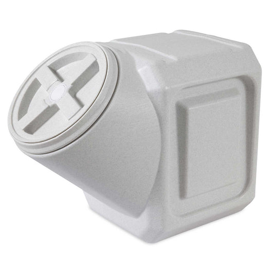 The Vittles Vault Outback Stackable Pet Food Storage Container by Vittles Vault is a large, gray container with an angular design and a round, cross-shaped lid. Its Gamma Seal Technology ensures an airtight seal, and the textured surface makes it perfect for storing bulk pet food.