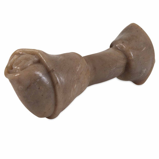 The BarkBone Natural Instincts Rawhide Style Bacon Nylon Chew by Petqwerks is a brown, bone-shaped dog toy with knotted ends and a glossy finish, infused with bacon flavor to promote dental hygiene while your pet engages in biting and chewing activities.