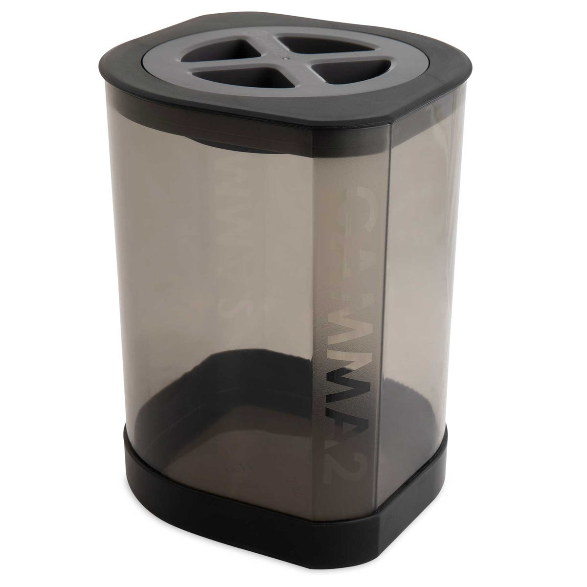 The Vittles Vault Little Vittles Storage Container is a translucent gray pet food container featuring Gamma Seal Technology for secure closure, with a black lid/base and a three-section design for easy dispensing. The brand name Gamma2 is printed vertically, ensuring reliable storage for Vittles Vaults.